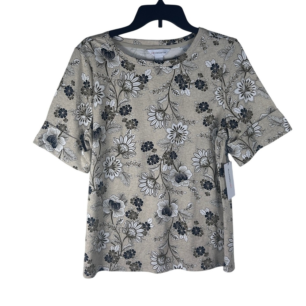 Liz Claiborne Womens Tunic Top Floral Print‎ Tan Short Sleeve Size Large NEW